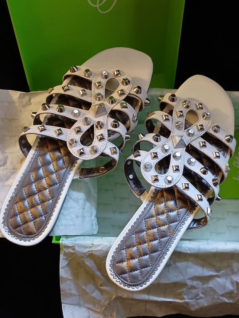 NWB Sam Edelman BEATRIS White Leather/Silver Studded Flat Slide Sandals Size 9.5